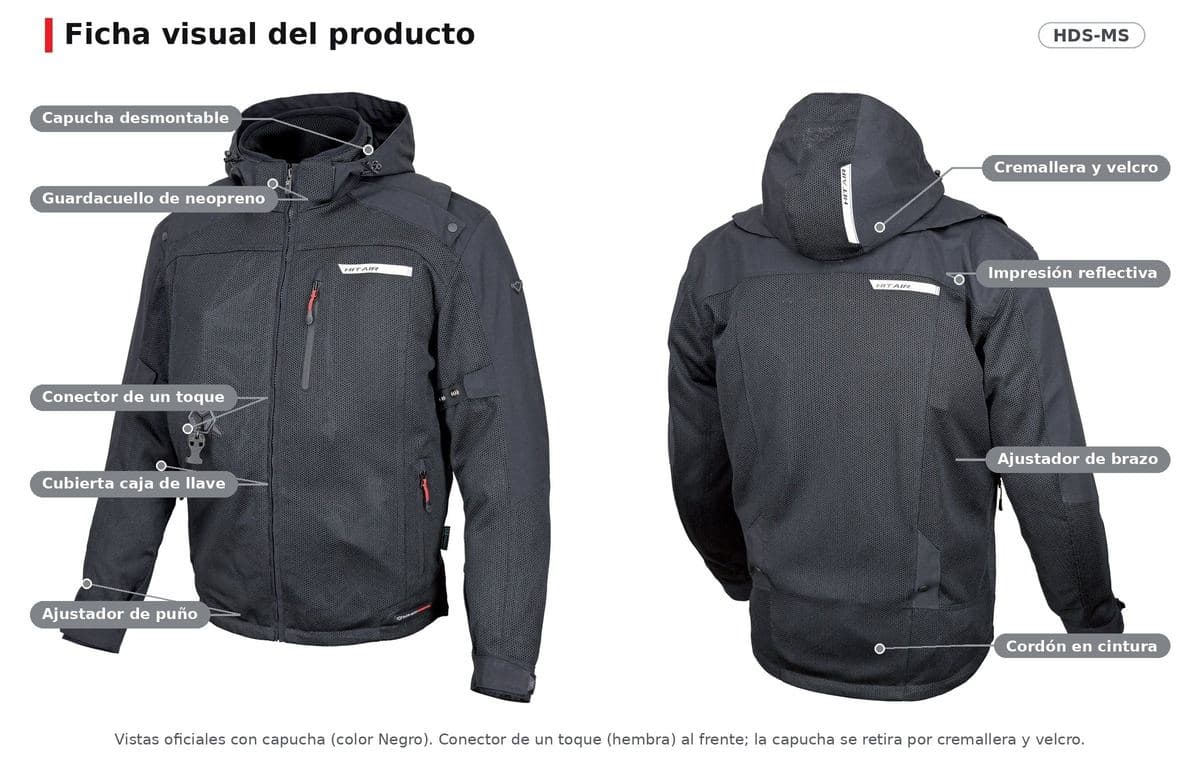 Guardacuello de neopreno, capucha desmontable por cremallera y velcro, ajustador de brazo, ajustador de puño con velcro, conector de un toque (hembra) y cordón de ajuste en la cintura.