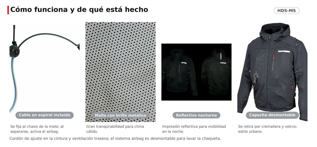 Cable en espiral incluido (se fija a la moto), tela de malla con brillo metálico y gran transpirabilidad, impresión reflectiva para visibilidad nocturna y capucha desmontable por cremallera y velcro.
