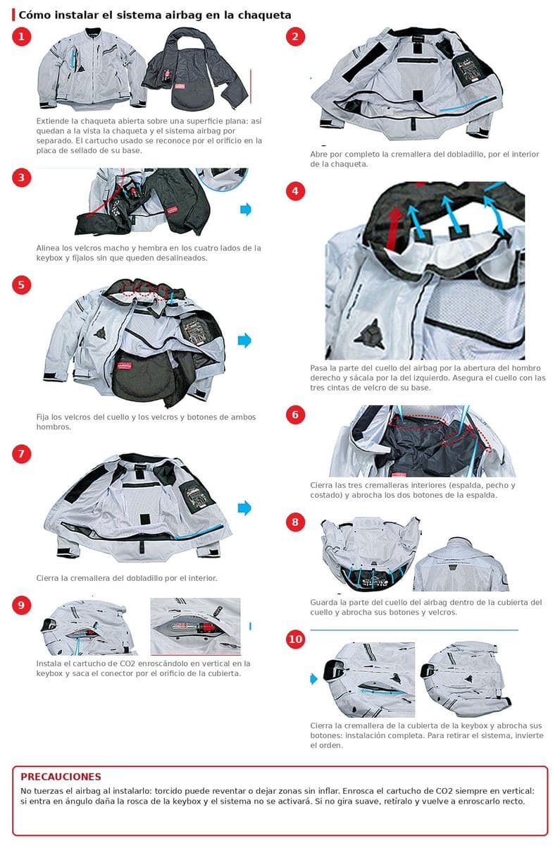 Guía oficial paso a paso para retirar e instalar el sistema airbag (por ejemplo, para lavar la chaqueta). Sigue las precauciones: el airbag no debe quedar torcido y el cartucho de CO2 se enrosca en vertical.