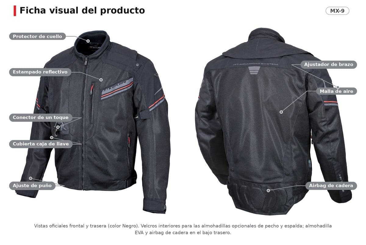 Todas las partes: protector de cuello, malla de aire, estampado reflectivo, cubierta de la caja de llave, ajustador de brazo, almohadilla EVA, airbag de cadera, ajuste de puños y velcros para las almohadillas opcionales de pecho y espalda.