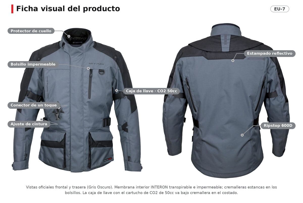 Vista general de componentes: protector de cuello, bolsillos con cremallera impermeable, caja de llave con cartucho CO2 de 50cc, conector de un toque, reflectivos, ajuste de cintura y material exterior ripstop.